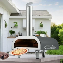 VEVOR Dual Fuel Pizza Oven Outdoor, 12 in Wood Fire & Propane Gas Pizza Oven, Portable Pellet & Propane Pizza-Maker with Thermometer, Iron Spray Black Shell Pizza-Cook for Outside Camping & Backyard