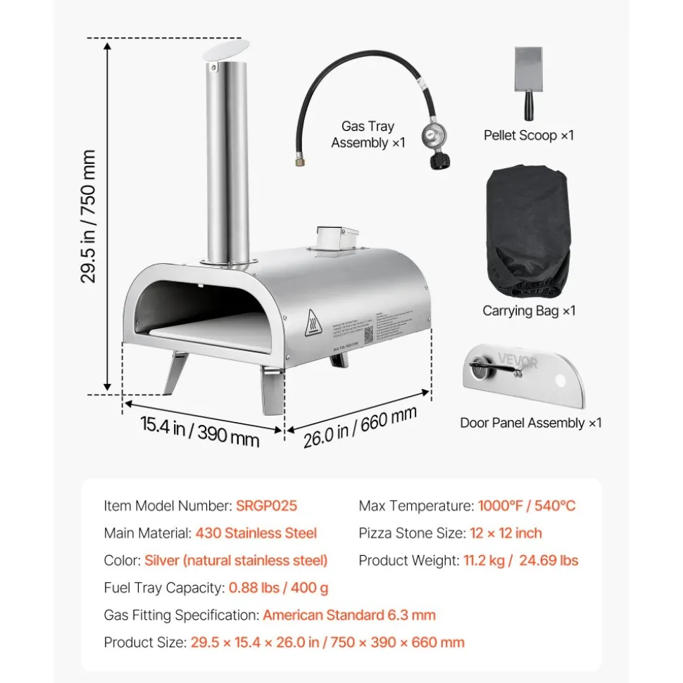 VEVOR Dual Fuel Pizza Oven Outdoor, 12 Inch Wood Fire & Propane Gas Pizza Oven, Pellet & Propane Pizza-Maker with Thermometer, Stainless Steel Pizza-Cook for Outside Camping & Backyard