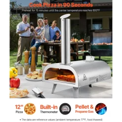 VEVOR Dual Fuel Pizza Oven Outdoor, 12 Inch Wood Fire & Propane Gas Pizza Oven, Pellet & Propane Pizza-Maker with Thermometer, Stainless Steel Pizza-Cook for Outside Camping & Backyard