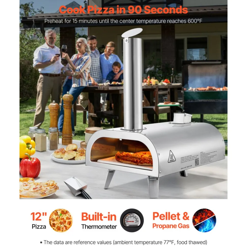 VEVOR Dual Fuel Pizza Oven Outdoor, 12 Inch Wood Fire & Propane Gas Pizza Oven, Pellet & Propane Pizza-Maker with Thermometer, Stainless Steel Pizza-Cook for Outside Camping & Backyard