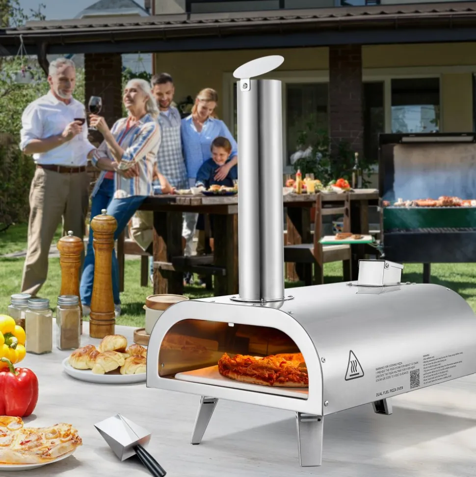 VEVOR Dual Fuel Pizza Oven Outdoor, 12 Inch Wood Fire & Propane Gas Pizza Oven, Pellet & Propane Pizza-Maker with Thermometer, Stainless Steel Pizza-Cook for Outside Camping & Backyard