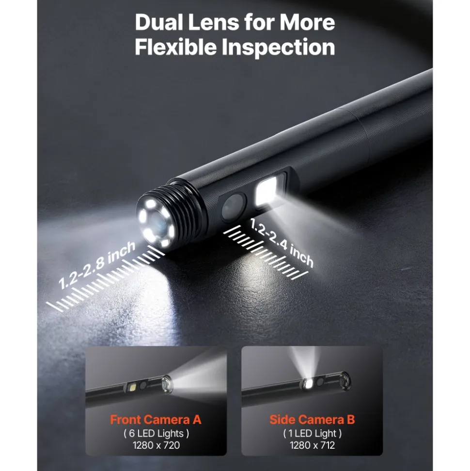 VEVOR Dual Lens Endoscope with Light, 5" HD IPS Screen Industrial Borescope Camera, 0.22-inch Slim Lens, 8X Zoom, IP67 Waterproof Inspection Snake Camera for Automotive, Plumbing (16.4FT Rigid Cable)