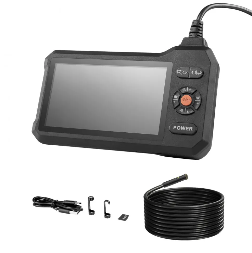 VEVOR Dual Lens Endoscope with Light, 5" HD IPS Screen Industrial Borescope Camera, 0.22-inch Slim Lens, 8X Zoom, IP67 Waterproof Inspection Snake Camera for Automotive, Plumbing (16.4FT Rigid Cable)