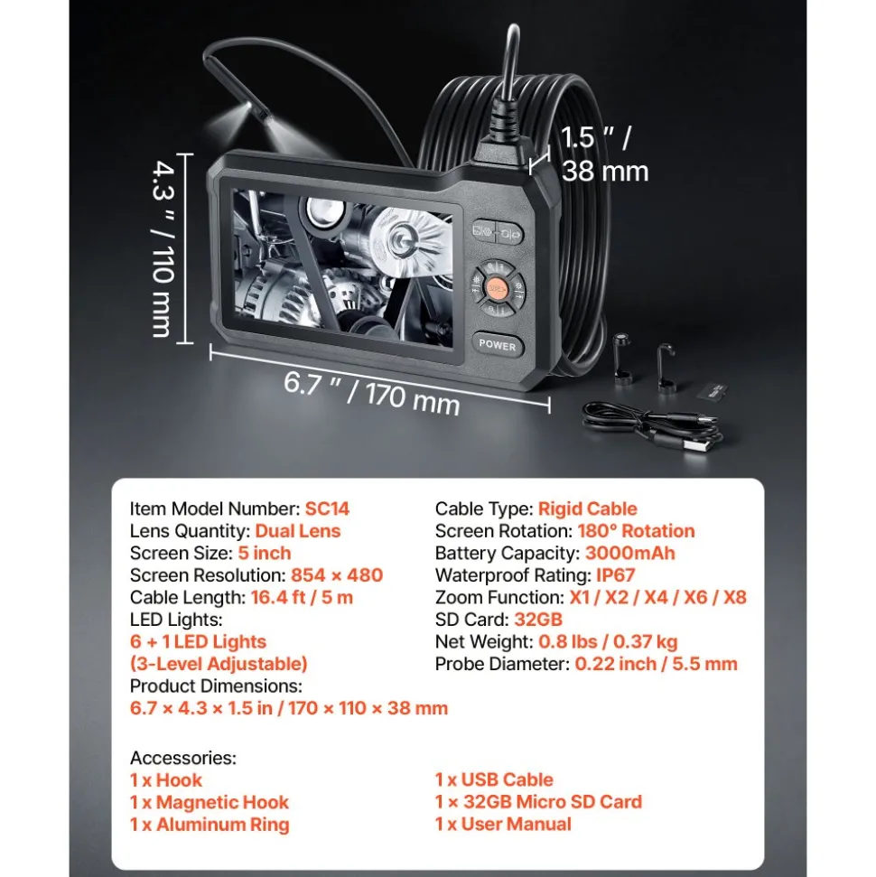 VEVOR Dual Lens Endoscope with Light, 5" HD IPS Screen Industrial Borescope Camera, 0.22-inch Slim Lens, 8X Zoom, IP67 Waterproof Inspection Snake Camera for Automotive, Plumbing (16.4FT Rigid Cable)