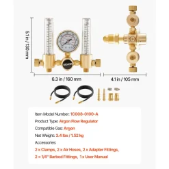 VEVOR Dual Output Argon Regulator, Argon Flow Meter Gas Regulator Gauge for TIG/MIG Welding - with 2PCS 6.6FT Rubber Hoses, 0-60 SCFH, 0-4500 PSI Inlet Pressure, CGA580 Inlet Connection