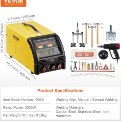 VEVOR Dual Pro Stud Welder Deluxe AL/Fe Dent Repair Kit, Professional 5KW Welder with Auto/Manual Welding and 10 Modes, 110V Spot Welding Dent Repair Machine for Steel & Aluminum Auto Panels Repair