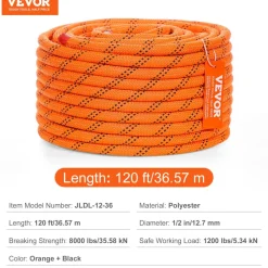 VEVOR Dual Twisted Polyester Cord, 1/2 inch by 120 feet, 48-Strand, 8000 LBS Tensile Strength, Multi-Use Outdoor Rope for Arborist Activities, Hiking, Swinging, Rappelling, and Rescue, Or