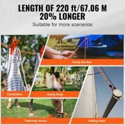 VEVOR Dual-Weave Polyester Cord, 1/2 inch x 220 feet, 48-Strand, 8000 LBS Tensile Strength, Multi-Use Outdoor Rope for Camping, Swinging, Rappelling, and Rescue, Orange/Black