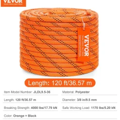 VEVOR Dual-Weave Polyester Cord, 3/8 inch by 120 feet, 48-Strand, 4000 Pound Tensile Strength, Multi-Use Rope for Arborist Activities, and Outdoor Adventures, Orange/Black