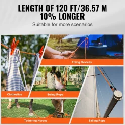 VEVOR Dual-Weave Polyester Cord, 3/8 inch by 120 feet, 48-Strand, 4000 Pound Tensile Strength, Multi-Use Rope for Arborist Activities, and Outdoor Adventures, Orange/Black