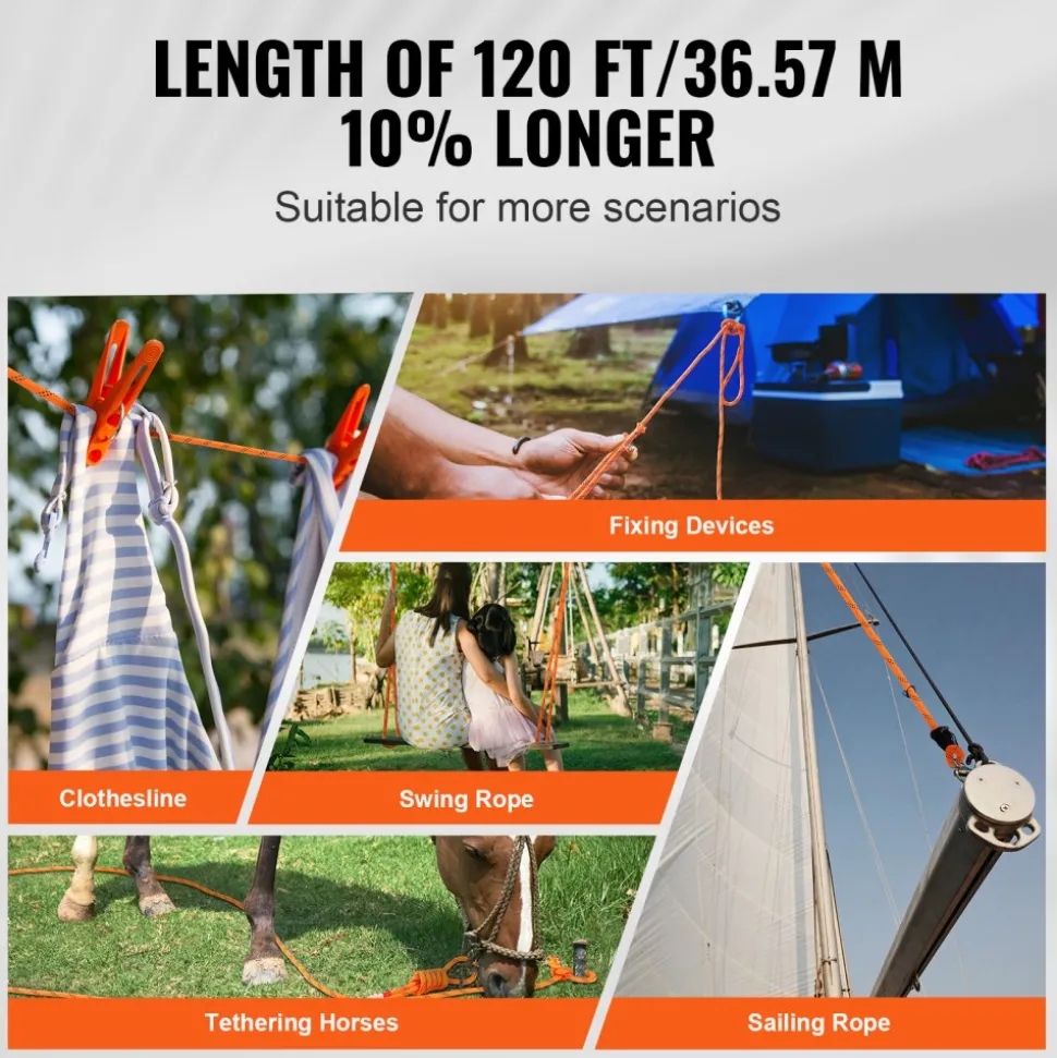 VEVOR Dual-Weave Polyester Cord, 3/8 inch by 120 feet, 48-Strand, 4000 Pound Tensile Strength, Multi-Use Rope for Arborist Activities, and Outdoor Adventures, Orange/Black