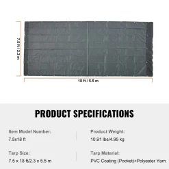 VEVOR Dump Truck Mesh Tarp, 7.5x18 ft, PVC Coated Black Heavy Duty Cover with 5.5" 18oz Double Pocket, Brass Grommets, Reinforced Double Needle Stitch Webbing Fits Manual or Electric Dump Truck System