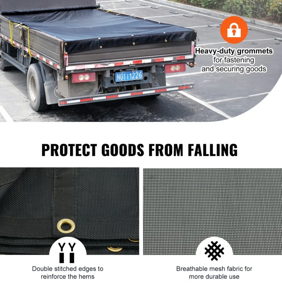 VEVOR Dump Truck Mesh Tarp, 7.5x18 ft, PVC Coated Black Heavy Duty Cover with 5.5" 18oz Double Pocket, Brass Grommets, Reinforced Double Needle Stitch Webbing Fits Manual or Electric Dump Truck System