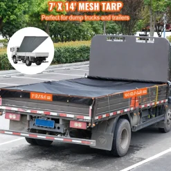 VEVOR Dump Truck Mesh Tarp, 7 x 14 ft, PVC Coated Black Heavy Duty Cover with 5.5" 18oz Double Pocket, Brass Grommets, Reinforced Double Needle Stitch Webbing Fits Manual or Electric Dump Truck System
