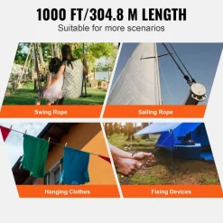 VEVOR Durable Nylon Cord, 3/16 inch x 1000 ft, 32-Strand Design, 720 LBS Load Capacity, Multi-Purpose Rope for Outdoor Adventures, Tree Work, and Emergency Situations, Black