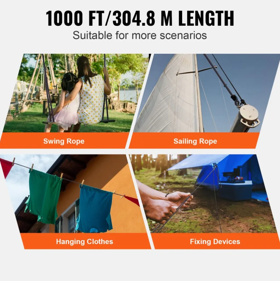 VEVOR Durable Nylon Cord, 3/16 inch x 1000 ft, 32-Strand Design, 720 LBS Load Capacity, Multi-Purpose Rope for Outdoor Adventures, Tree Work, and Emergency Situations, Black