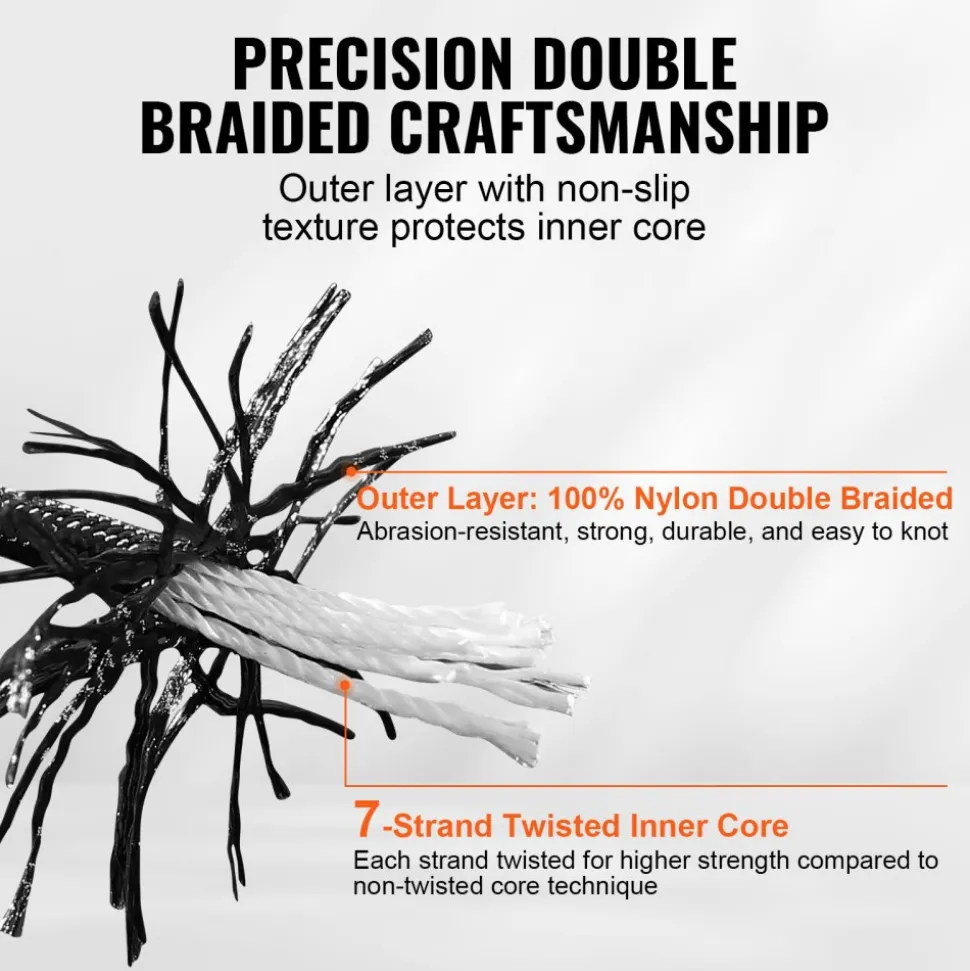 VEVOR Durable Nylon Cord, 3/16 inch x 1000 ft, 32-Strand Design, 720 LBS Load Capacity, Multi-Purpose Rope for Outdoor Adventures, Tree Work, and Emergency Situations, Black
