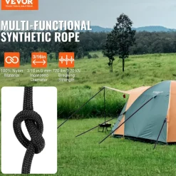 VEVOR Durable Nylon Cord, 3/16 inch x 1000 ft, 32-Strand Design, 720 LBS Load Capacity, Multi-Purpose Rope for Outdoor Adventures, Tree Work, and Emergency Situations, Black