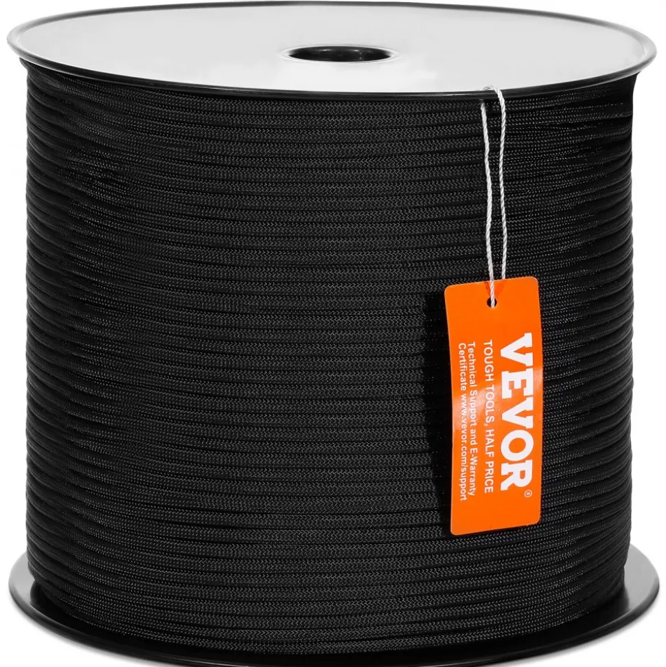 VEVOR Durable Nylon Cord, 3/16 inch x 1000 ft, 32-Strand Design, 720 LBS Load Capacity, Multi-Purpose Rope for Outdoor Adventures, Tree Work, and Emergency Situations, Black