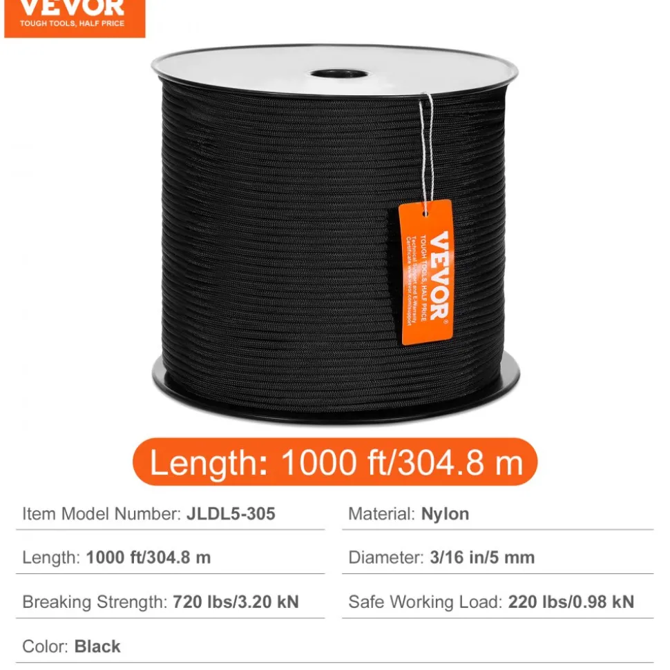 VEVOR Durable Nylon Cord, 3/16 inch x 1000 ft, 32-Strand Design, 720 LBS Load Capacity, Multi-Purpose Rope for Outdoor Adventures, Tree Work, and Emergency Situations, Black