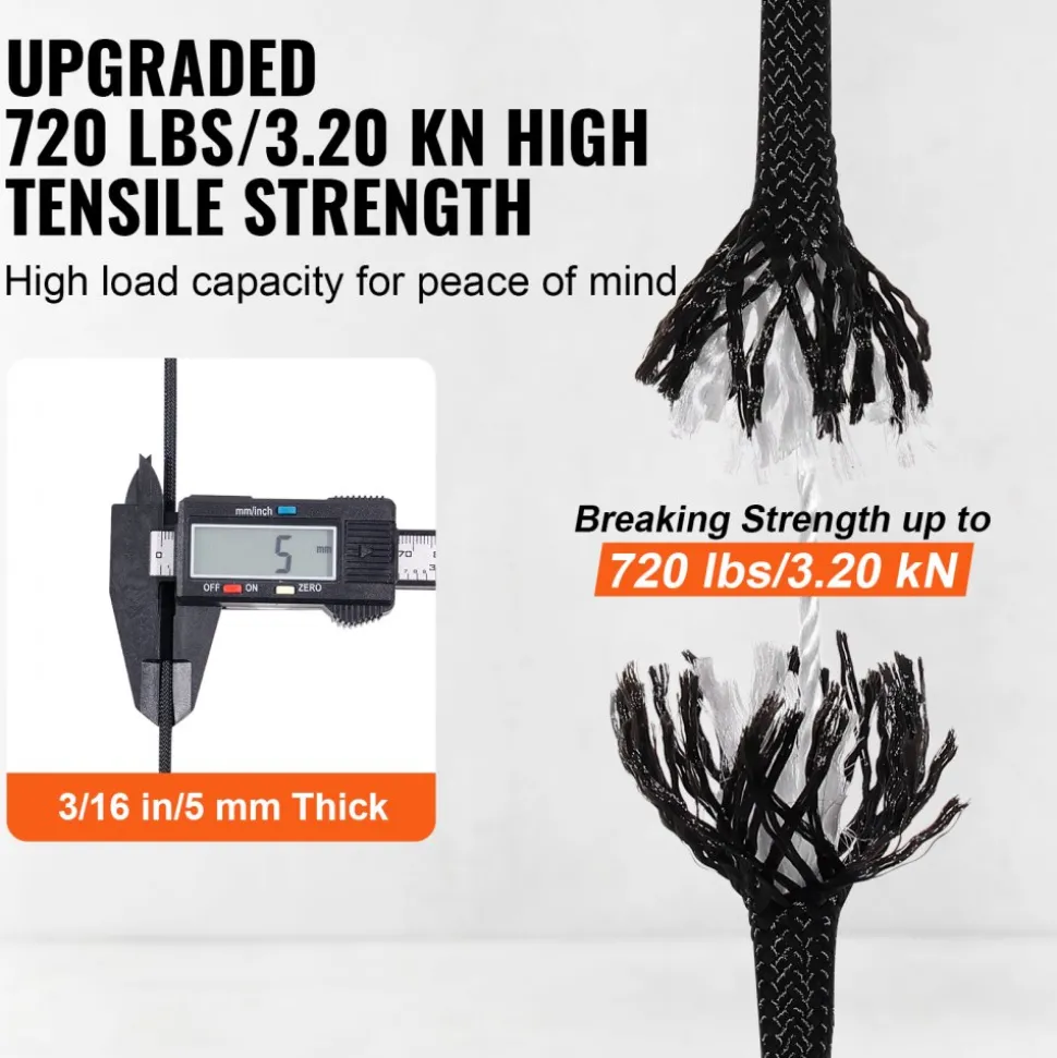 VEVOR Durable Nylon Cord, 3/16 inch x 1000 ft, 32-Strand Design, 720 LBS Load Capacity, Multi-Purpose Rope for Outdoor Adventures, Tree Work, and Emergency Situations, Black