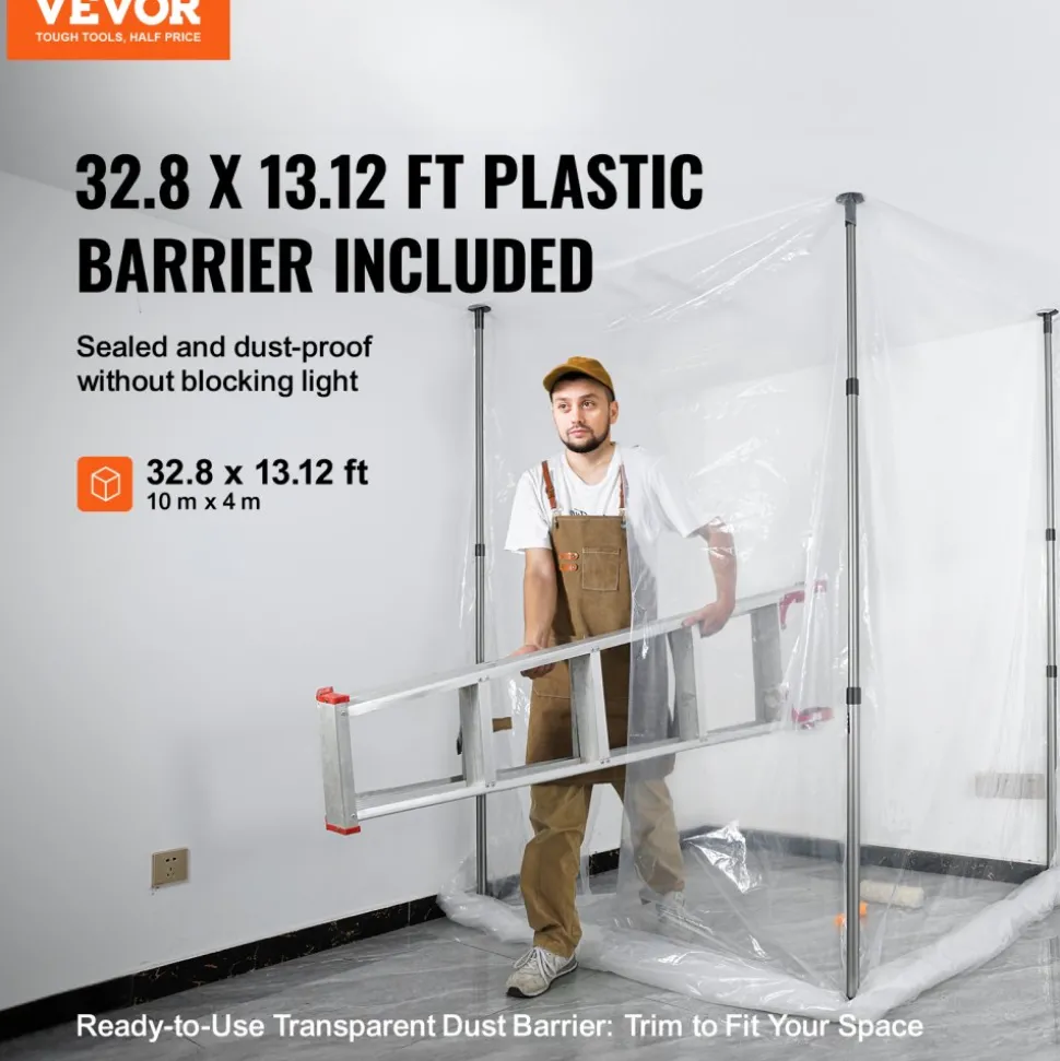 VEVOR Dust Barrier Poles, Carry Bag, 10 Ft Poles with 4 Telescoping Poles, and 32.8x13.12 Ft Plastic Film, for Interior Decoration and Painting Projects