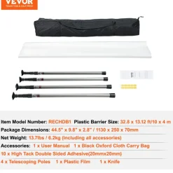 VEVOR Dust Barrier Poles, Carry Bag, 10 Ft Poles with 4 Telescoping Poles, and 32.8x13.12 Ft Plastic Film, for Interior Decoration and Painting Projects