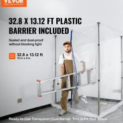 VEVOR Dust Barrier Poles, 12 Ft Barrier Poles, Dust Barrier System with 4 Telescoping Poles, Carry Bag and 32.8x13.12 Ft Plastic Film, for Interior Decoration, Painting