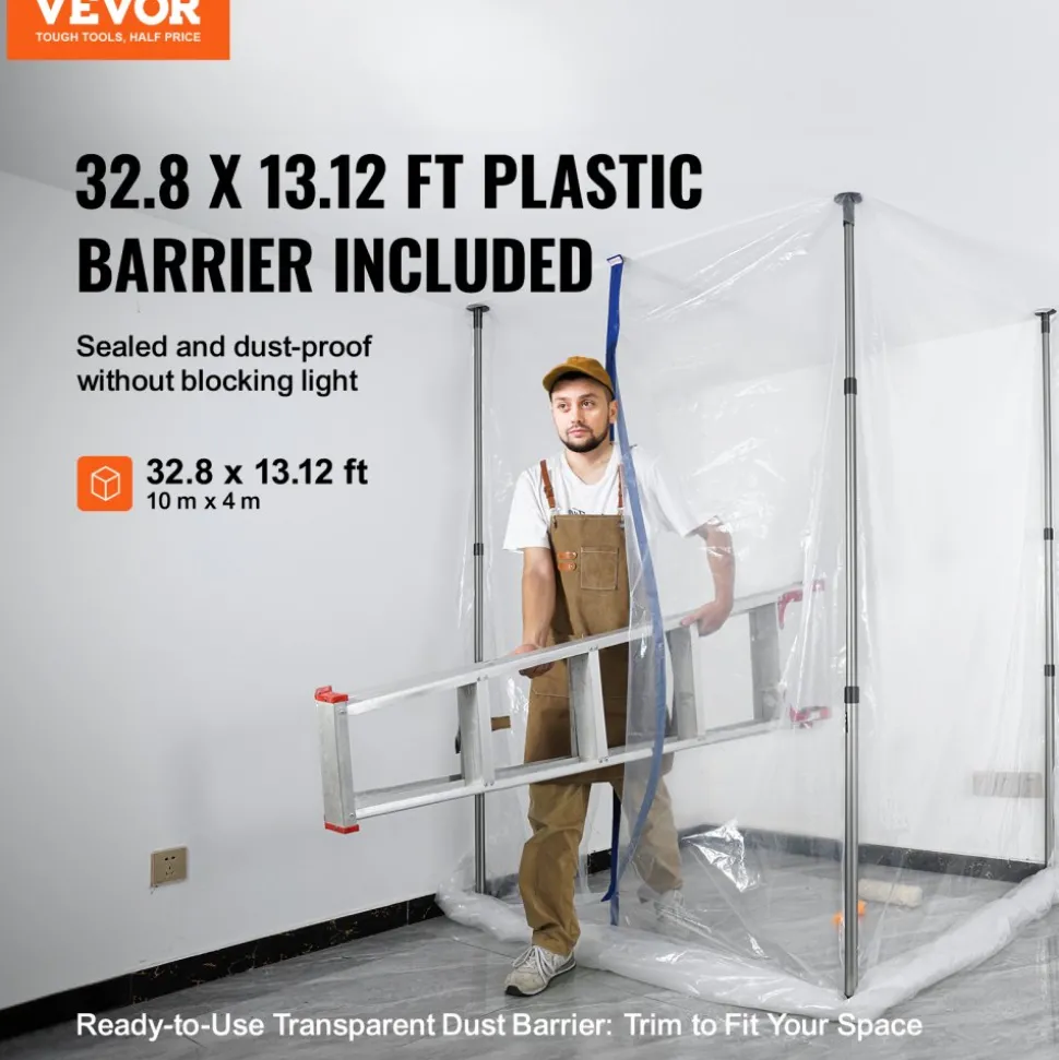 VEVOR Dust Barrier Poles, 12 Ft Barrier Poles, Dust Barrier System with 4 Telescoping Poles, Carry Bag and 32.8x13.12 Ft Plastic Film, for Interior Decoration, Painting