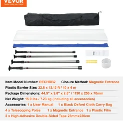 VEVOR Dust Barrier Poles, 12 Ft Barrier Poles, Dust Barrier System with 4 Telescoping Poles, Carry Bag and 32.8x13.12 Ft Plastic Film, for Interior Decoration, Painting
