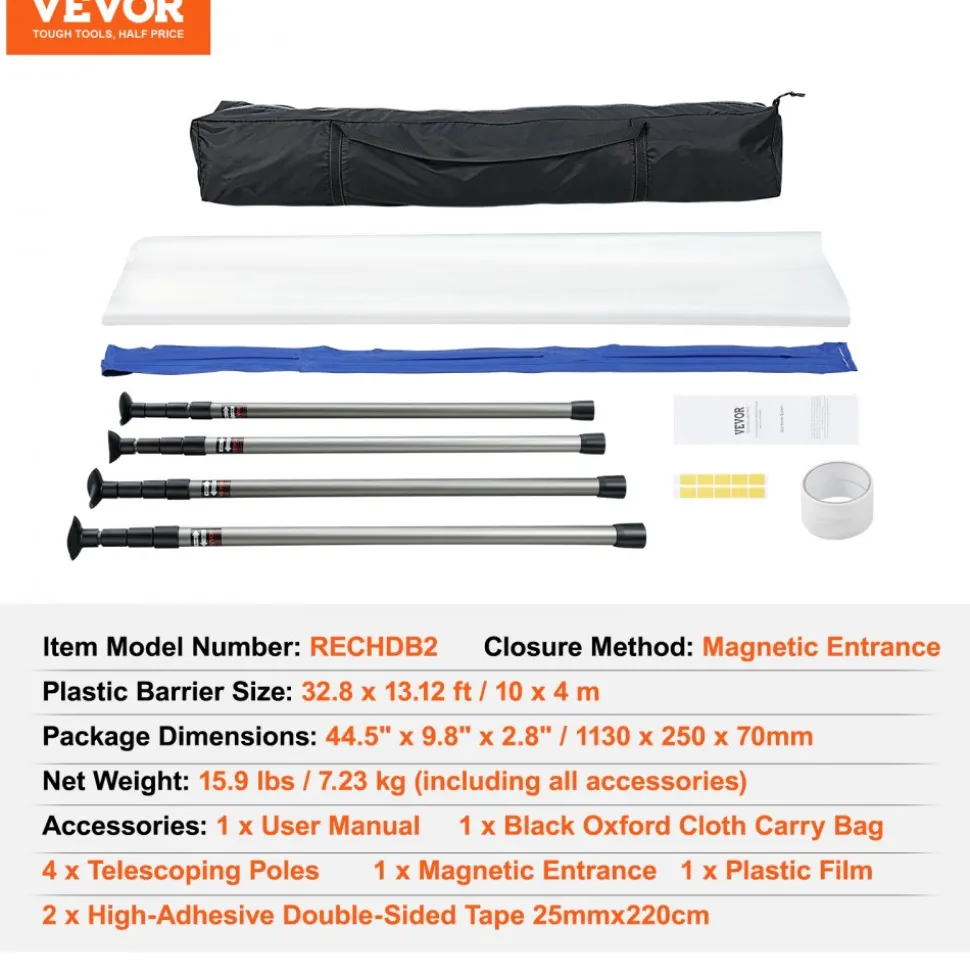VEVOR Dust Barrier Poles, 12 Ft Barrier Poles, Dust Barrier System with 4 Telescoping Poles, Carry Bag and 32.8x13.12 Ft Plastic Film, for Interior Decoration, Painting
