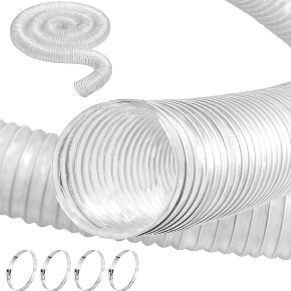 VEVOR Dust Collection Hose, 2.5'' x 10', Thickened PVC Material Puncture-Resistant Flexible Clear Hose with Carbon Steel Wire Coil 4 x 304 Stainless Clamps, for Table Saw, Band Saw, Planer, Jointer