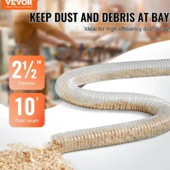VEVOR Dust Collection Hose, 2.5'' x 10', Thickened PVC Material Puncture-Resistant Flexible Clear Hose with Carbon Steel Wire Coil 4 x 304 Stainless Clamps, for Table Saw, Band Saw, Planer, Jointer