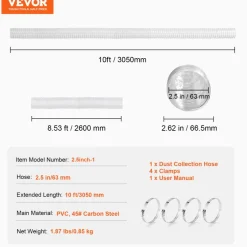VEVOR Dust Collection Hose, 2.5'' x 10', Thickened PVC Material Puncture-Resistant Flexible Clear Hose with Carbon Steel Wire Coil 4 x 304 Stainless Clamps, for Table Saw, Band Saw, Planer, Jointer