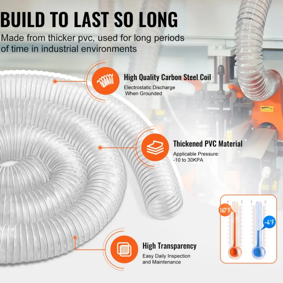 VEVOR Dust Collection Hose, 2.5'' x 10', Thickened PVC Material Puncture-Resistant Flexible Clear Hose with Carbon Steel Wire Coil 4 x 304 Stainless Clamps, for Table Saw, Band Saw, Planer, Jointer