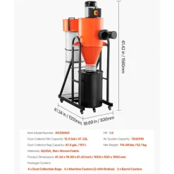 VEVOR Dust Collector, 763 CFM 1 Micron Cyclone Dust Collector, 1.5HP Dusts Collection System with 12.5-Gallon Dust Collector Bag & Base Stand, Smart Cyclone Separation, Dusts Separator for Woodworking