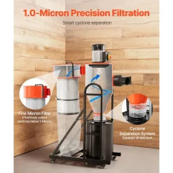 VEVOR Dust Collector, 763 CFM 1 Micron Cyclone Dust Collector, 1.5HP Dusts Collection System with 12.5-Gallon Dust Collector Bag & Base Stand, Smart Cyclone Separation, Dusts Separator for Woodworking