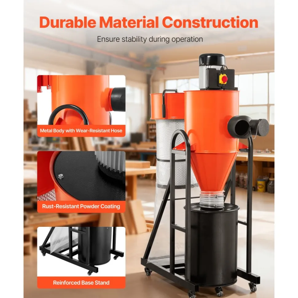 VEVOR Dust Collector, 763 CFM 1 Micron Cyclone Dust Collector, 1.5HP Dusts Collection System with 12.5-Gallon Dust Collector Bag & Base Stand, Smart Cyclone Separation, Dusts Separator for Woodworking