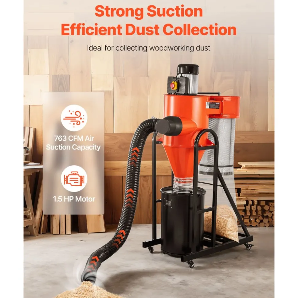 VEVOR Dust Collector, 763 CFM 1 Micron Cyclone Dust Collector, 1.5HP Dusts Collection System with 12.5-Gallon Dust Collector Bag & Base Stand, Smart Cyclone Separation, Dusts Separator for Woodworking