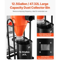 VEVOR Dust Collector, 763 CFM 1 Micron Cyclone Dust Collector, 1.5HP Dusts Collection System with 12.5-Gallon Dust Collector Bag & Base Stand, Smart Cyclone Separation, Dusts Separator for Woodworking