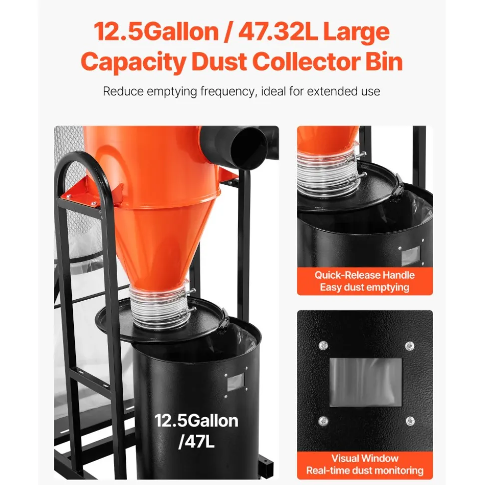 VEVOR Dust Collector, 763 CFM 1 Micron Cyclone Dust Collector, 1.5HP Dusts Collection System with 12.5-Gallon Dust Collector Bag & Base Stand, Smart Cyclone Separation, Dusts Separator for Woodworking