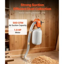 VEVOR Dust Collector, Wall Mount Dust Collector 1 HP, 560 CFM Woodworking Dusts Collectors with 2.5 Micron Collectors Bag, Dusts Collection System for Woodworking/Workshop, Industrial Factories