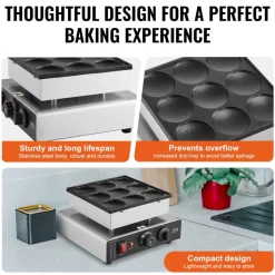 VEVOR Dutch Pancake Maker, 9PCS 76mm Diameter Dorayaki Baker Machine, 850W Commercial Electric Poffertjes Grill, Non-stick Stainless Steel, Temp & Time Control, for Home Kitchen Restaurant Snack Bar
