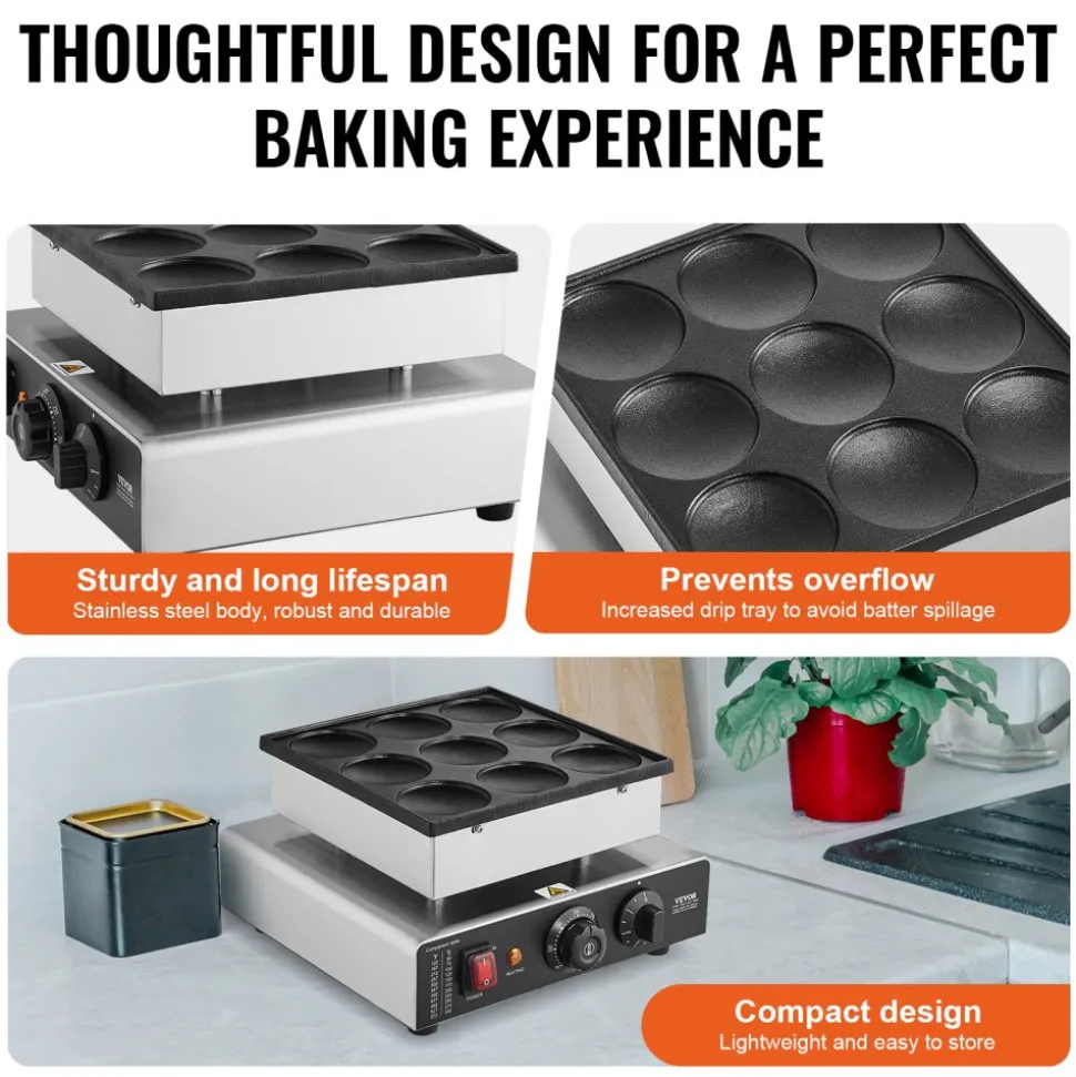 VEVOR Dutch Pancake Maker, 9PCS 76mm Diameter Dorayaki Baker Machine, 850W Commercial Electric Poffertjes Grill, Non-stick Stainless Steel, Temp & Time Control, for Home Kitchen Restaurant Snack Bar