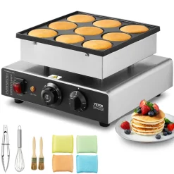 VEVOR Dutch Pancake Maker, 9PCS 76mm Diameter Dorayaki Baker Machine, 850W Commercial Electric Poffertjes Grill, Non-stick Stainless Steel, Temp & Time Control, for Home Kitchen Restaurant Snack Bar