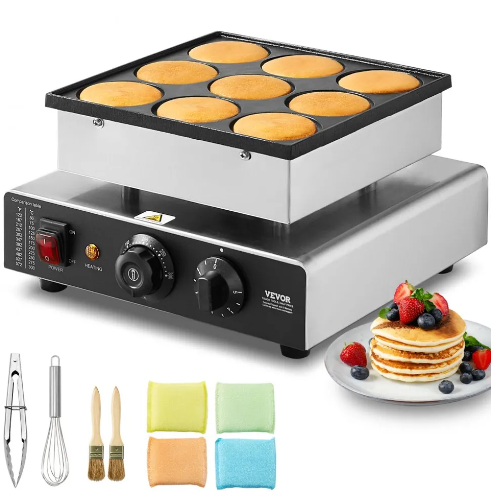 VEVOR Dutch Pancake Maker, 9PCS 76mm Diameter Dorayaki Baker Machine, 850W Commercial Electric Poffertjes Grill, Non-stick Stainless Steel, Temp & Time Control, for Home Kitchen Restaurant Snack Bar