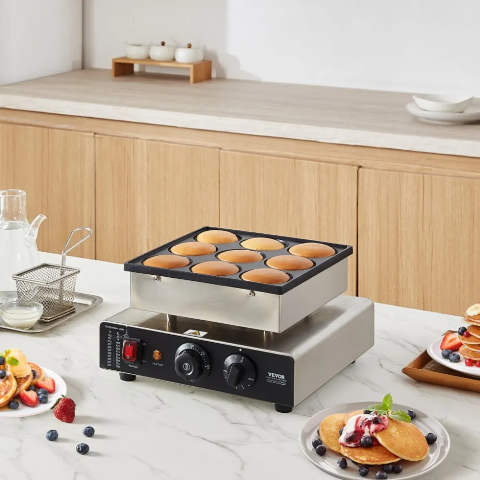 VEVOR Dutch Pancake Maker, 9PCS 76mm Diameter Dorayaki Baker Machine, 850W Commercial Electric Poffertjes Grill, Non-stick Stainless Steel, Temp & Time Control, for Home Kitchen Restaurant Snack Bar