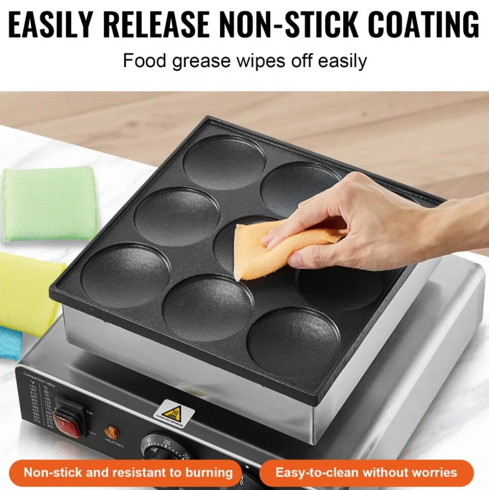 VEVOR Dutch Pancake Maker, 9PCS 76mm Diameter Dorayaki Baker Machine, 850W Commercial Electric Poffertjes Grill, Non-stick Stainless Steel, Temp & Time Control, for Home Kitchen Restaurant Snack Bar