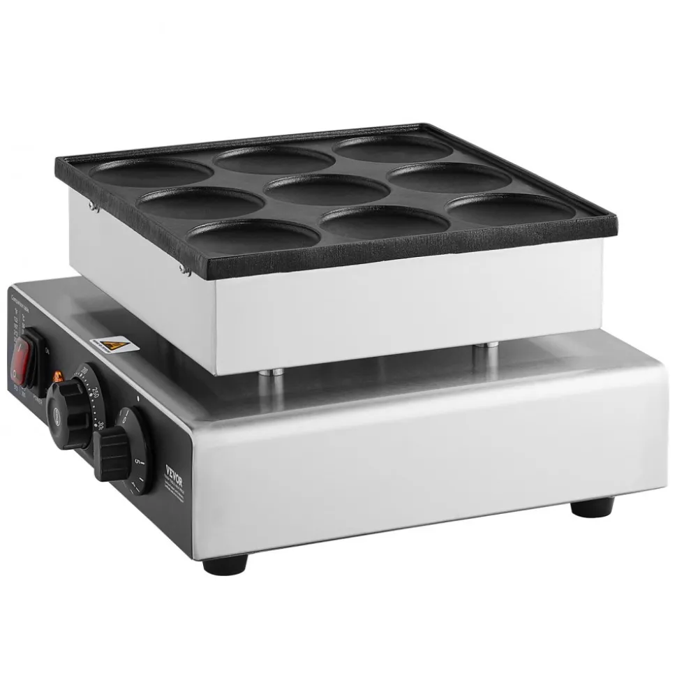 VEVOR Dutch Pancake Maker, 9PCS 76mm Diameter Dorayaki Baker Machine, 850W Commercial Electric Poffertjes Grill, Non-stick Stainless Steel, Temp & Time Control, for Home Kitchen Restaurant Snack Bar