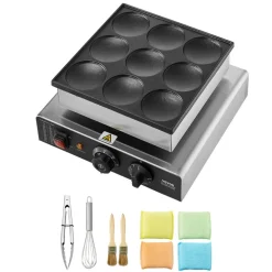 VEVOR Dutch Pancake Maker, 9PCS 76mm Diameter Dorayaki Baker Machine, 850W Commercial Electric Poffertjes Grill, Non-stick Stainless Steel, Temp & Time Control, for Home Kitchen Restaurant Snack Bar